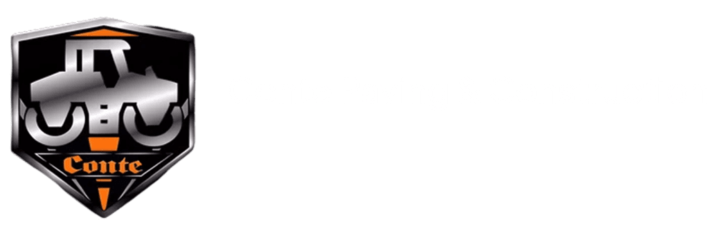 Conte Paving & Construction logo featuring a construction vehicle silhouette, emphasizing asphalt paving and concrete services.