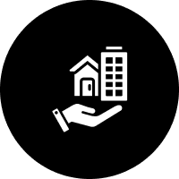 Icon representing property management services, featuring a hand holding a house and a building, symbolizing maintenance and management for commercial properties.