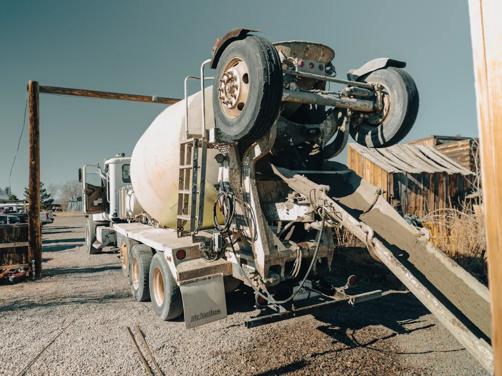 Concrete truck and tools staged for a commercial concrete restoration job Concrete truck and tools staged for a commercial concrete restoration job