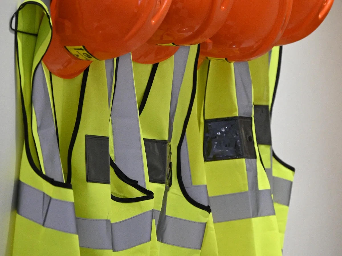 Hard hats and safety vests ready for an excavation crew